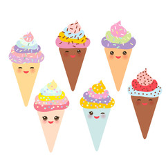  Ice cream waffle cone Kawaii funny muzzle with pink cheeks and winking eyes, pastel colors on white background. Vector