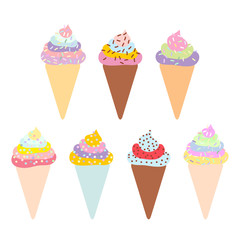  Ice cream waffle cone, set with cream and sprinkles, pastel colors on white background. Vector