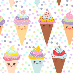 seamless pattern Kawaii funny Ice cream waffle cone, muzzle with pink cheeks and winking eyes, pastel colors on white background. Vector