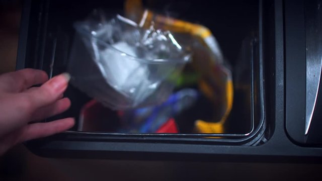 4k Shot of Recycle Bin, Throwing to Trash Plastic Bag