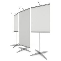 Blank Roll Up Expo Banner Stand Group. Trade show booth white and blank. 3d render illustration isolated on white background. Template mockup for your expo design.