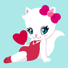 Cute white cat with a heart in the style of pin-up for Valentine's Day