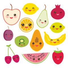 set strawberry, orange, banana cherry, lime, lemon, kiwi, plums, apples, watermelon, pomegranate, papaya, pear, pear on white background. Vector