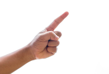 Closeup of hand pointing on white background