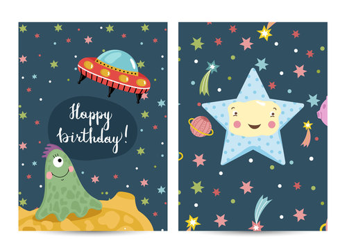 Happy birthday cartoon greeting card on space theme. Cute smiling star in cosmos, green jelly one eye alien and flying saucer among planets and comets. Bright invitation on childrens costumed party