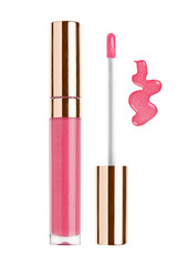 Cherry red color lip gloss with glitter particles in elegant glass bottle with golden lid, closed and open container with brush exposed and smeared stroke sample, isolated on white background