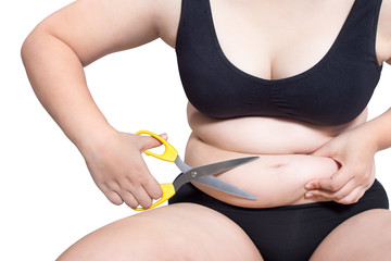 fat woman cut belly fat plastic surgery liposuction concept isolated on white