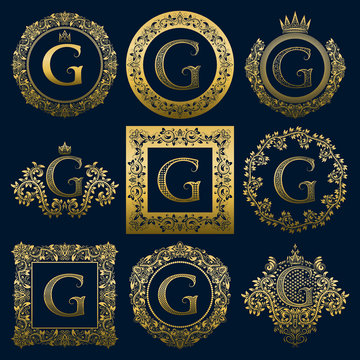 Vintage monograms set of G letter. Golden heraldic logos in wreaths, round and square frames.