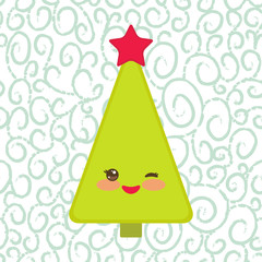 Happy New Year card. Funny green Christmas tree with a red star smiling and winking eye. Vector