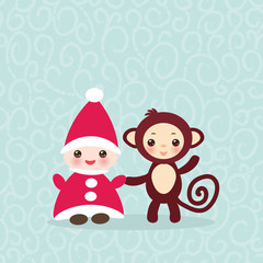 2016 Happy New Year card. Funny gnome in red hat brown monkey on blue background. Vector