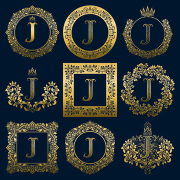 Vintage monograms set of J letter. Golden heraldic logos in wreaths, round and square frames.