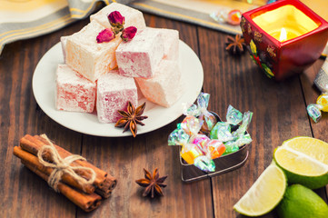 Delight, or Lokum - sweetness of sugar flour, with addition starch, and nuts. The most common Turkish , which is now referred to simply as .Wooden background. Top view