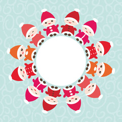 Obraz na płótnie Canvas Happy New Year card for your text round frame. Funny gnomes in red hats on blue background. Vector