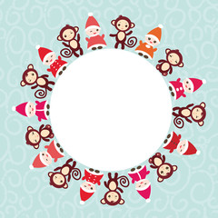 2016 Happy New Year card for your text round frame. Funny gnomes in red hats brown monkey on blue background. Vector