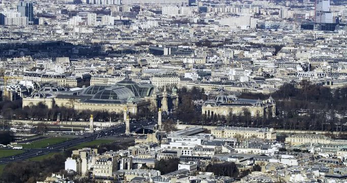 Aerial tilt up time lapse view of the Grand Palais and Petit Palais in Paris