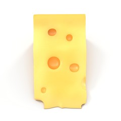 A wedge of cheese with holes on white. 3D illustration