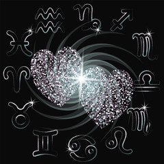 Love horoscope sparkling hearts zodiac. Vector