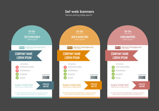 Set tariffs. interface for the site. ui ux vector banner for web app. Pastel pricing table, banner, order, box, button, list and bullet with plan for website in flat design