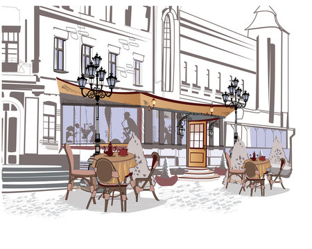 Series of backgrounds decorated with old town views and street cafes. Hand drawn Vector Illustration. 
