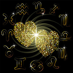 Love horoscope sparkling hearts zodiac gold. Vector