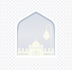 Eid al adha. Greeting card template on Eid Al-Fitr muslim religious holiday with lanterns on blurred lights background. Mosque for Islamic holy month of prayer, Ramadan Kareem celebration