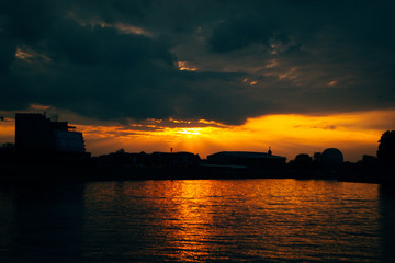 sunset on the Wisla river in Krakow at night, Poland