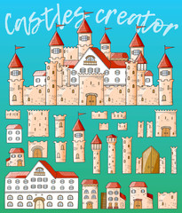 Fototapeta premium Vector cartoon cute creator castles. Set of architecture.