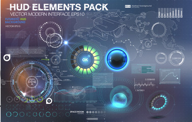 Fantastic abstract background with different elements of the HUD. Big set of various HUD elements. Charts, ratings style HUD switches and various geometrical objects.