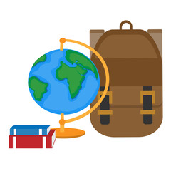 Globe beside a backpack and books