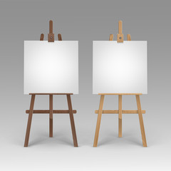 Vector Set of Wooden Brown Sienna Easels with Mock Up Blank Square Canvases Isolated on Background