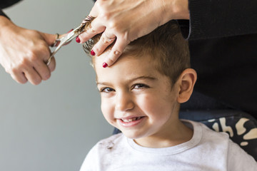Cute young boy getting a haircut - obrazy, fototapety, plakaty