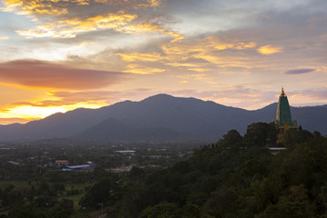 Fototapeta premium beautiful landscape sun rising sky and buddha pagoda in chonburi