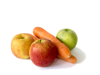 colorful apples and carrots  ,isolated on white