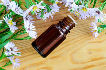 Small bottle of essential aroma oil (herbal extract, tincture, infusion), top view, flat lay