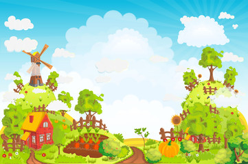 Rural landscape with houses, gardens, a mill, a field, and high hills vector illustration