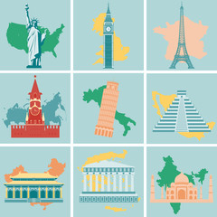 Obraz premium World landmarks flat icon set. Travel and Tourism. Vector