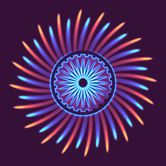 Dharmachakra, Dharma wheel and glow light effect. Buddhist symbol with fireworks