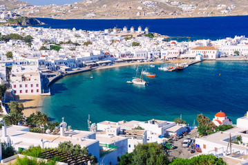 Mykonos town view from above in the early summer morning, Mykonos island, Cyclades archipelago, Greece