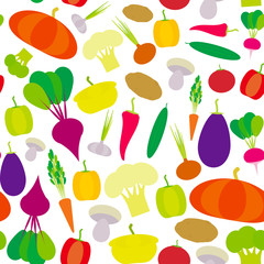 Seamless pattern vegetables bell peppers, pumpkin, beets, carrots, eggplant, red hot peppers, cauliflower, broccoli, potatoes, mushrooms, cucumber, onion, garlic, tomato, radish on white. Vector