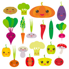 Kawaii vegetables bell peppers, pumpkin beets carrots, eggplant, red hot peppers, cauliflower, broccoli, potatoes, mushrooms, cucumber, onion, garlic, tomato, radish green background. Vector