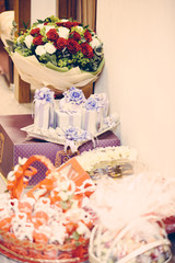 A bouquet of flowers, white and red rose with chocolate gift box, vertical, vintage