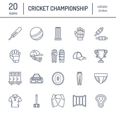 Vector line icons of cricket sport game. Ball, bat, wicket, helmet, batsman gloves. Linear signs set, championship pictograms with editable stroke for event, equipment store.