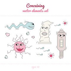 Concieving, contraception and impregnation elements set in cartoon style