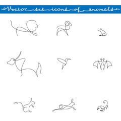 vector set of animals icons, hand-painted continuous contour