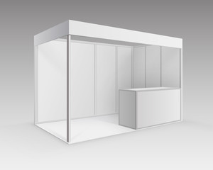 Vector White Blank Indoor Trade exhibition Booth Standard Stand for Presentation with Counter Isolated in Perspective on Background