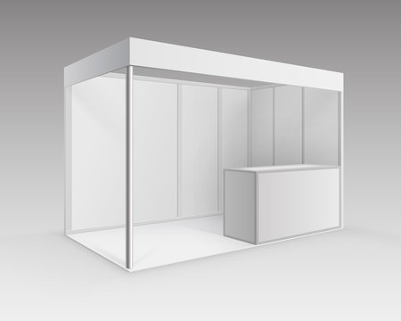 Vector White Blank Indoor Trade exhibition Booth Standard Stand for Presentation with Counter Isolated in Perspective on Background