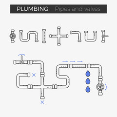 Vector thin line icons of pipes and valves