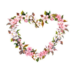 Floral wreath - heart shape. Pink sakura flowers, keys. Watercolor for Valentine day, wedding