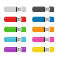 Set colored Flash drive USB memory sticks isolated on white background in flat style.