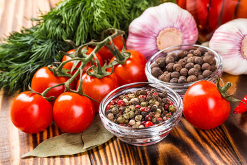 Vegetables on wood. Bio Healthy food, herbs and spices.